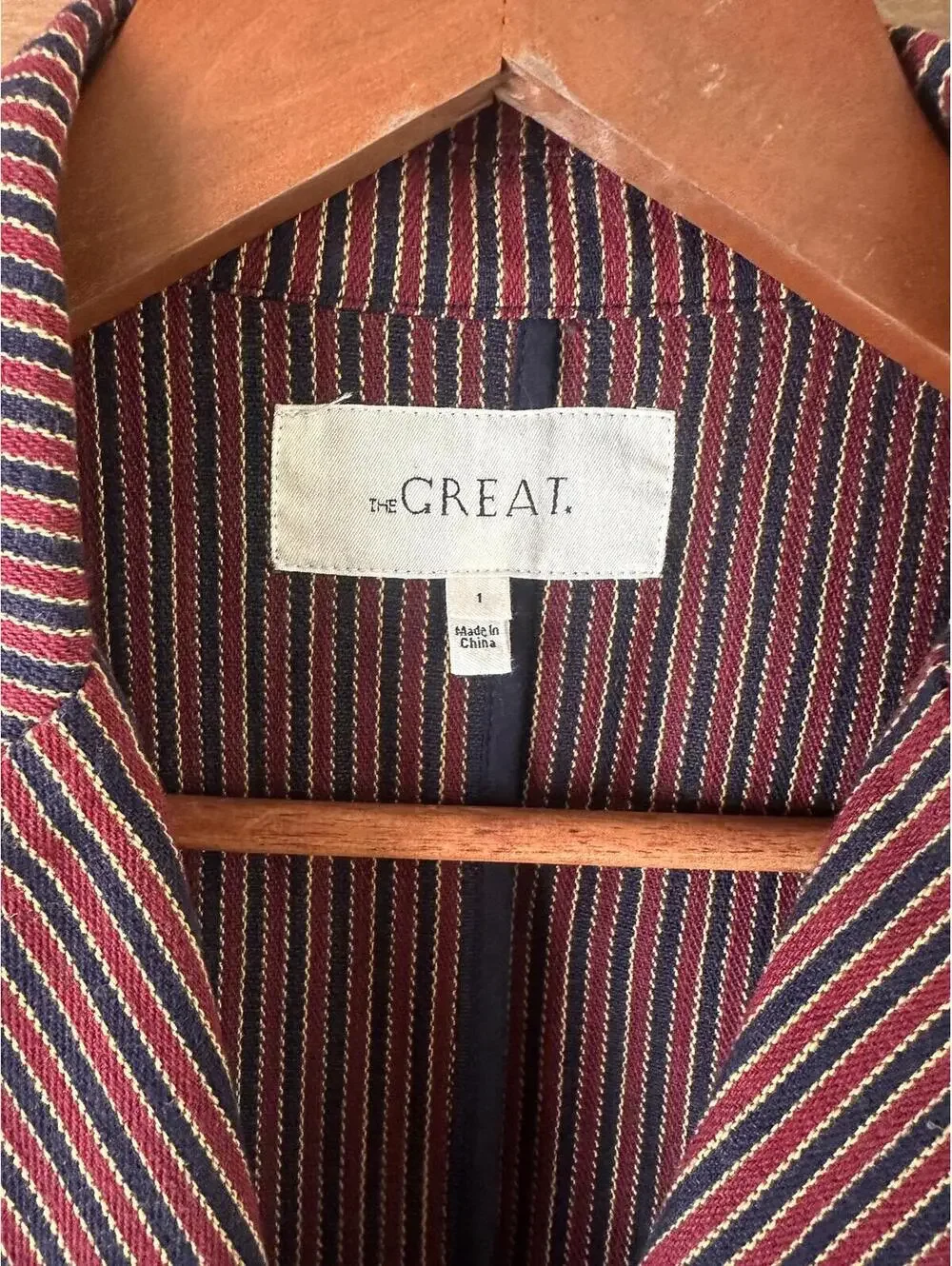 The GREAT. Shrunken Blazer Country Road Pinstripe Red Blue Women’s size 1 Small - Picture 7 of 14